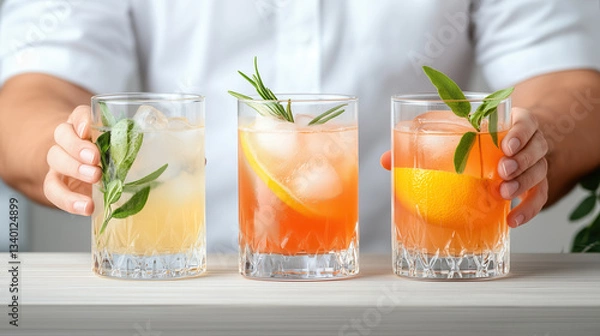Fototapeta Close-up of man hand holding several glass with refreshing summer alcoholic cocktails with ice and orange slice at the table indoors.