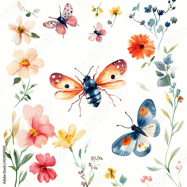 Fototapeta Watercolor Floral Butterfly Arrangement: A vibrant watercolor illustration of a butterfly arrangement. Delicate flowers and charming butterflies create a whimsical and beautiful design