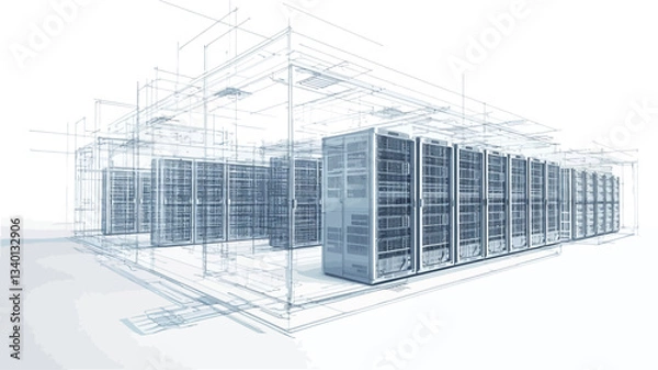 Fototapeta The image is a 3D rendering showing a server room design. The rendering is partially transparent, revealing a wireframe structure overlayed on a depiction of numerous server racks within a defined