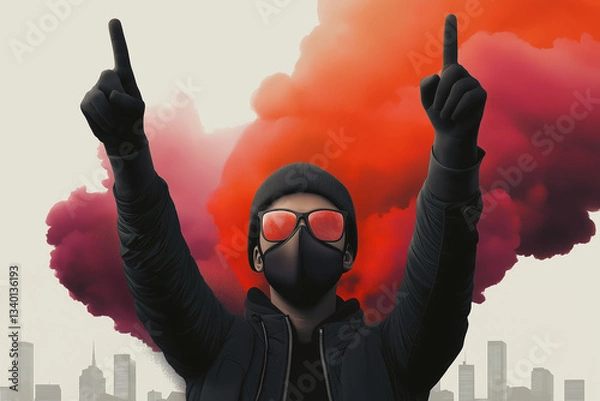 Fototapeta Masked Man Protesting Against City Background