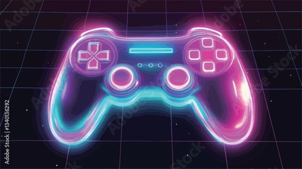Fototapeta A stylized image of a video game controller rendered in bright neon pink and blue hues. The controller is depicted with a glowing effect against a dark, gridded background reminiscent of a retro