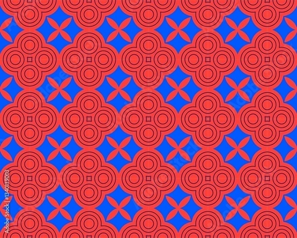 Obraz Seamless Red Floral Geometric Pattern on Blue Background