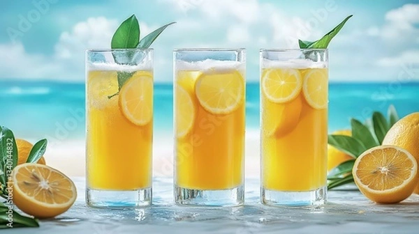 Fototapeta Refreshing Lemonade Drinks with Bright Yellow Color and Tropical Background