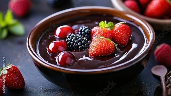 Fototapeta Chocolate fondue with fresh berries in a bowl
