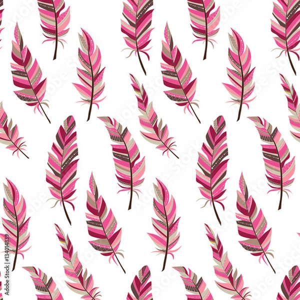Fototapeta Seamless background with vintage feathers. Boho style. Pattern.