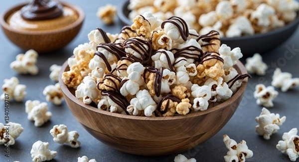 Obraz Gourmet Popcorn with Peanut Butter and Chocolate Drizzle