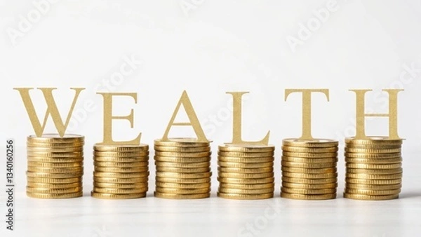 Fototapeta A stack of shiny golden coins with the word wealth spelled out in luxurious gold letters on a dark background