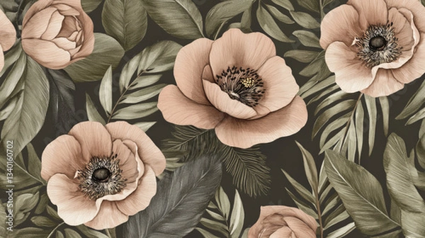Fototapeta Elegant watercolor flowers with soft tones and lush greenery create serene atmosphere