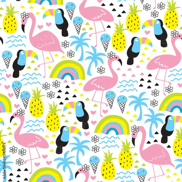 Obraz seamless tropical flamingo and toucan pattern vector illustration