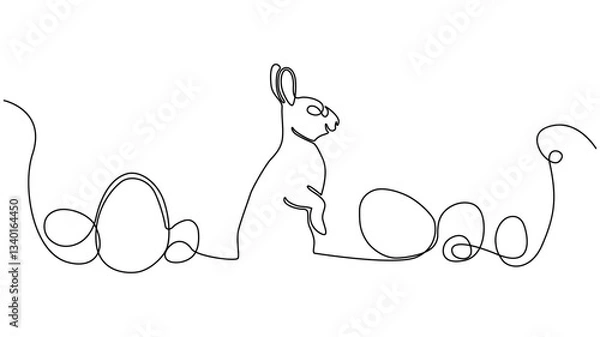 Fototapeta A Continuous line drawing depicts a rabbit and several eggs.