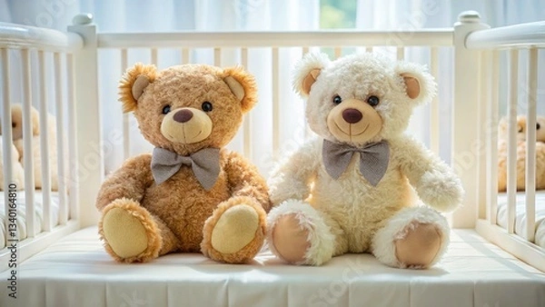 Fototapeta Adorable Teddy Bear Couple in White Crib - High Depth of Field Photo