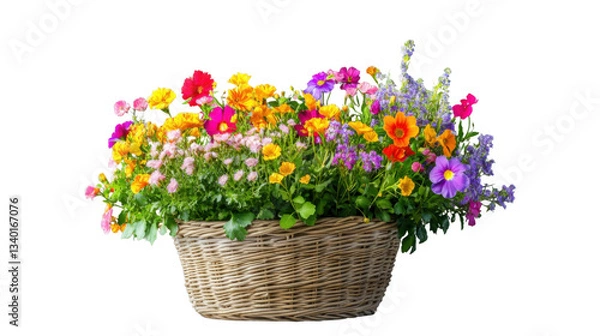 Fototapeta Wicker basket overflowing with colorful blooming flowers on transparent background