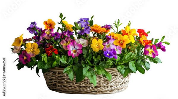Fototapeta Wicker basket overflowing with colorful pansies on transparent background