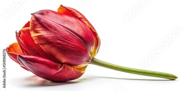 Fototapeta Close-Up Red Tulip, Single Bloom, Isolated White Background, Macro Photography, Floral Image, Botanical, Spring Flower, Red Tulip Isolated
