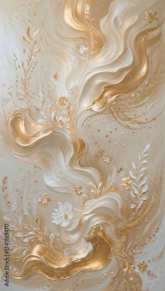 Fototapeta Stunning abstract background with shimmering gold and white patterns and delicate white flowers. Luxurious and dreamy aesthetic