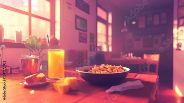 Fototapeta A Bright Kitchen Scene Features A Delicious Breakfast With Fruit And Juice During The Morning Sunlight. The Breakfast Is Served On A Wooden Table In A Cozy Interior Setting. The Interior Has Warm