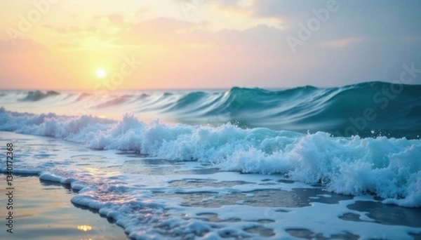Fototapeta Soft waves gently lapping on a serene ocean horizon, gradient, blue