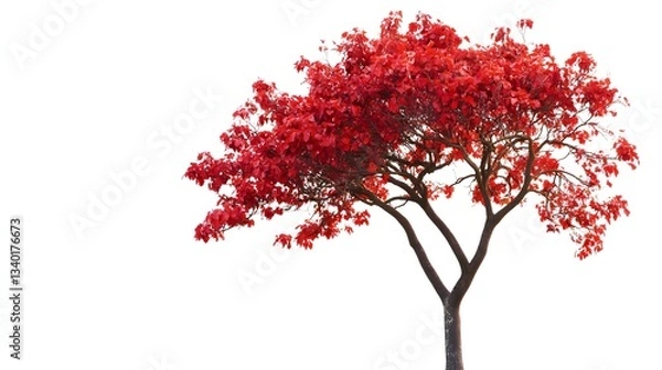 Obraz Vibrant red maple tree stands against a stark white background
