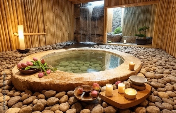 Fototapeta A Tranquil Zen Spa Retreat with a Stone Soaking Tub, Bamboo Accents, and a Koi Pond for Ultimate Relaxation and Mindfulness
