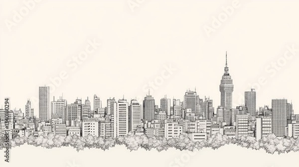 Fototapeta Detailed sketch showcases a sprawling cityscape with trees in foreground