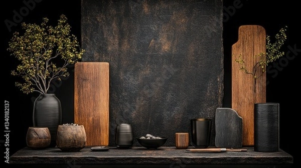 Fototapeta Rustic wooden and dark pottery display