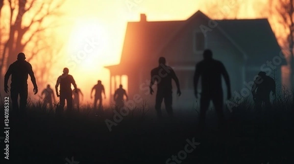 Fototapeta Group of survivors barricading a house as zombies swarm outside, tense atmosphere, cinematic lighting
