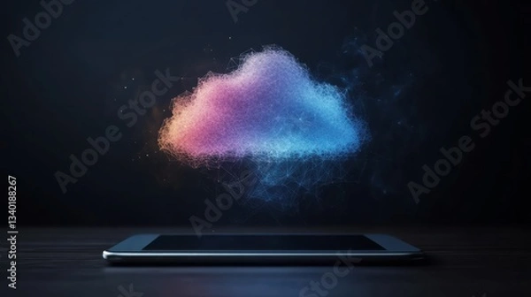 Fototapeta a glowing cloud above a tablet, representing technology and data storage.