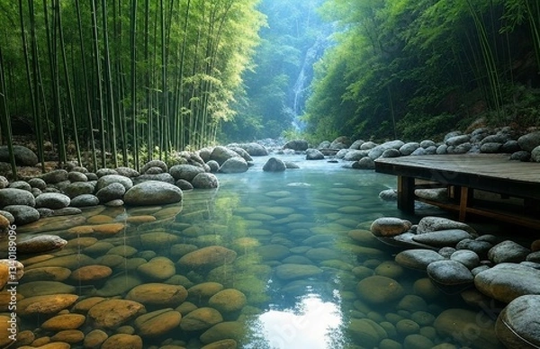 Fototapeta A Serene Japanese Onsen Spa with Steaming Hot Springs, Bamboo Groves, and Floating Lanterns Amidst a Tranquil Mountain Landscape