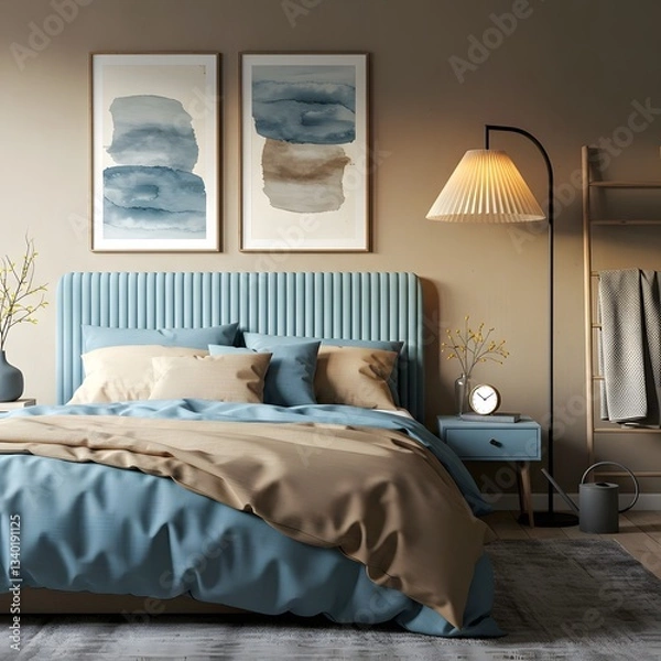 Fototapeta A composition of cozy and tactile bedroom details, color, texture, emphasizing the harmonious balance, and sculptural decor.