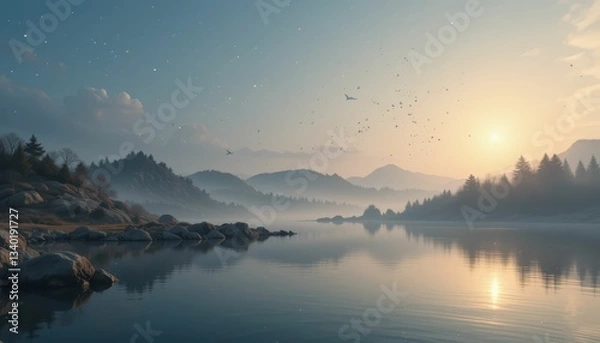 Fototapeta Serene Morning Landscape with Calm Water and Soft Light Reflection