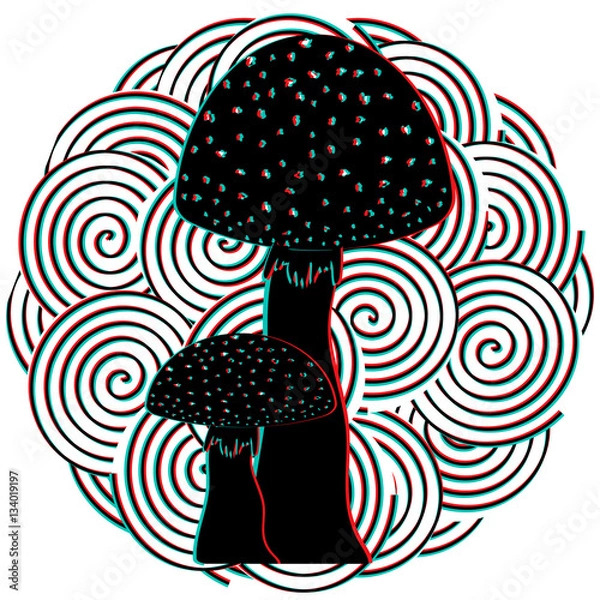 Obraz Hallucination. Mushroom on hypnotic spirals background.
