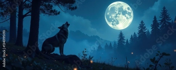 Fototapeta Lone wolf howling in desolate forest under a full moon, desert, wolf