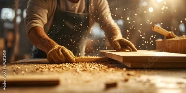 Obraz Artisan Woodworking Process in a Workshop with Hands Working on Raw Wood Surrounded by Sawdust and Warm Ambient Light