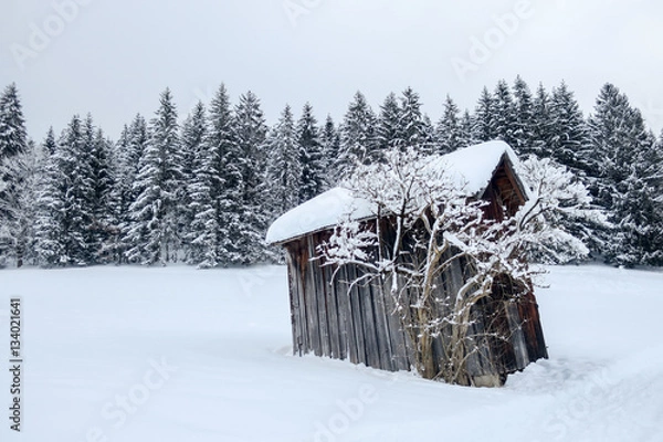 Obraz Verschneiter Wald und Stall im Winter