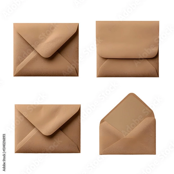 Fototapeta A set of brown paper envelopes in various states including sealed open and one revealing a blank sheet inside floating on a clean white transparent background
