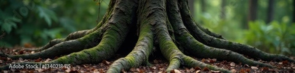 Fototapeta Dark wooden tree trunk with twisted roots and moss-covered bark, wilderness, forest