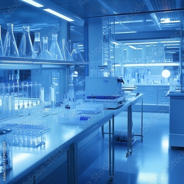 Fototapeta Clean modern laboratory interior with various glass beakers, flasks, and equipment on stainless steel countertops under cool blue lighting.