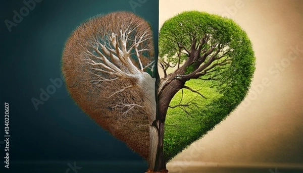 Obraz Contrast of Life and Decay: A symbolic heart-shaped composition showcasing the duality of nature, with one half representing vitality and the other, decline.