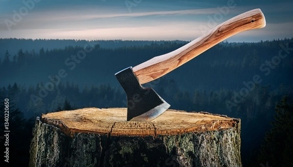 Fototapeta Sharp Axe in Stump: A formidable axe firmly embedded in a weathered tree stump, set against the backdrop of a dense, evergreen forest under a moody, overcast sky.