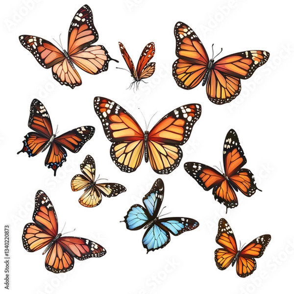 Obraz A vibrant array of butterflies featuring a variety of wing patterns textures and colors isolated on a clean white transparent background with no shadows or reflections