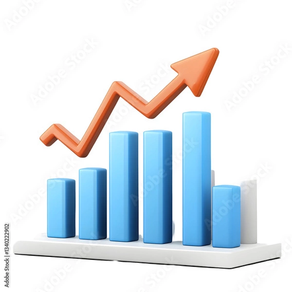 Fototapeta Detailed 3D bar chart showing an upward trend in business growth and success with an orange arrow pointing upwards