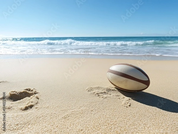 Fototapeta A rugby ball resting on golden beach sand, with the ocean waves and clear blue sky creating a serene coastal atmosphere.