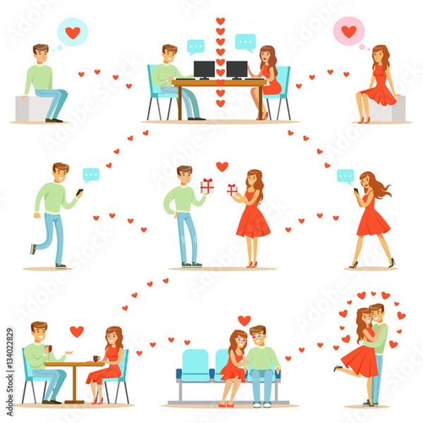 Fototapeta Man And Woman Finding Love And Dating Using Dating Web Sites And App On Smartphones And Computers Infographic Illustration