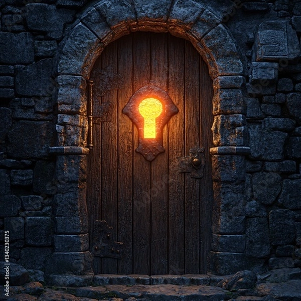 Obraz A medieval dungeon door with a glowing keyhole