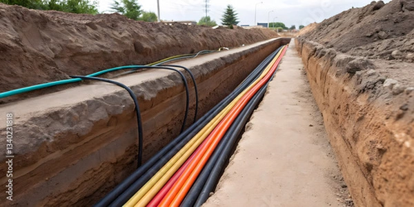 Obraz Concept of fiber optic in construction site. cross section view of a fiber optic trench