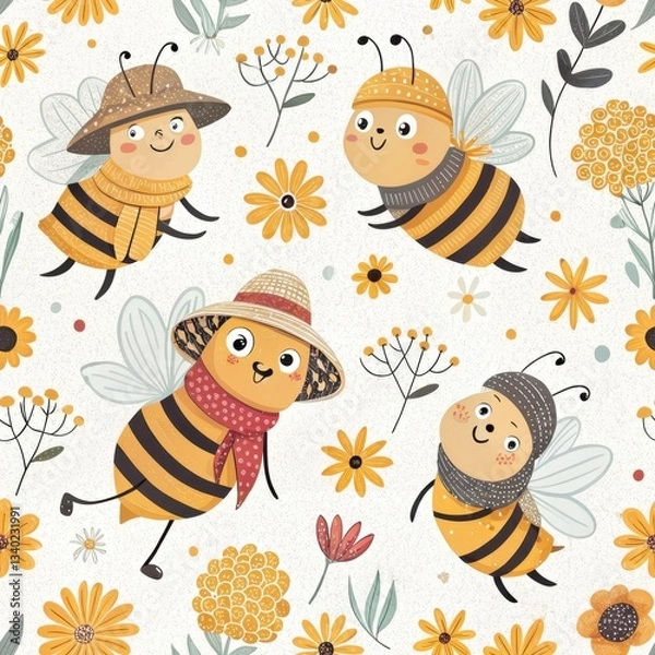 Fototapeta Charming Bees Amidst Floral Patterns A Playful Seamless Design