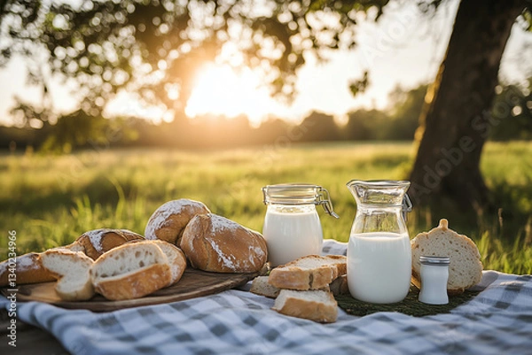 Obraz jars of milk and bread on a table in the garden with the sun setting 