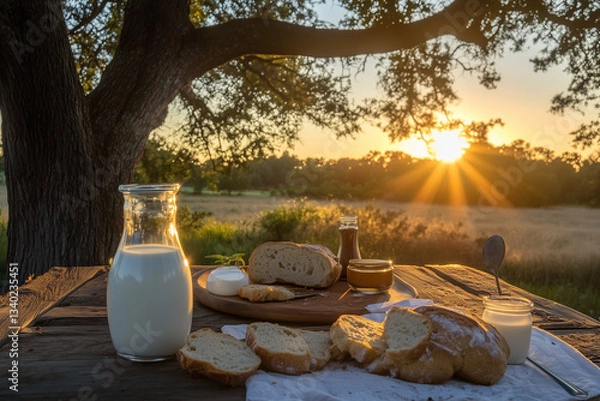 Obraz jars of milk and bread on a table in the garden with the sun setting 
