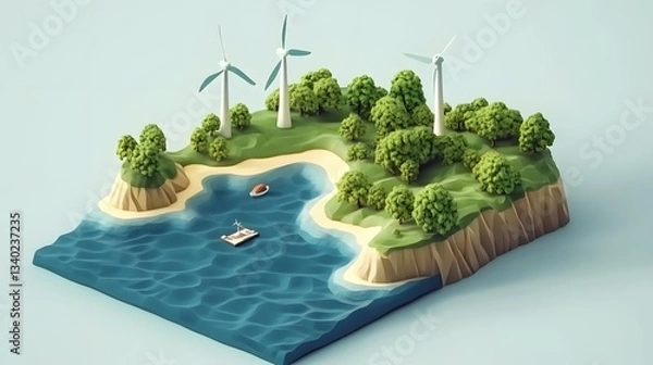Fototapeta Eco Friendly Island  Green Energy  Wind Turbines  Ocean View