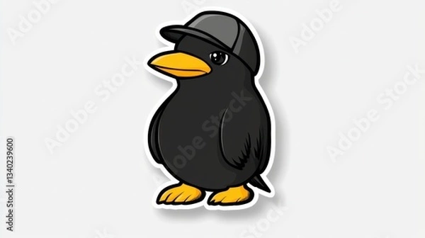 Fototapeta Cute cartoon penguin wearing a gray baseball cap, standing on a white background. Pixel art style.
